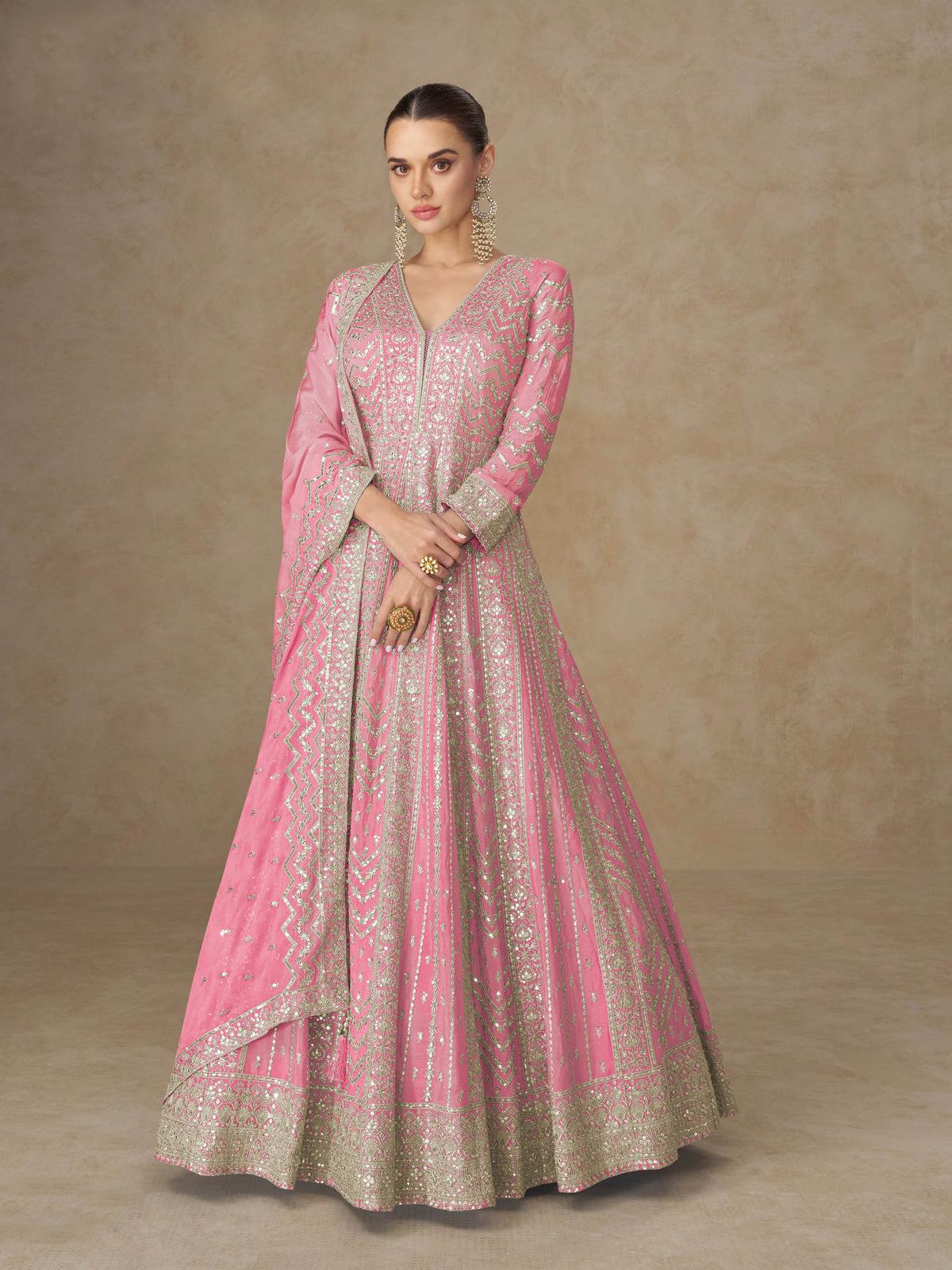 Pink Chinon Embroidered Anarkali Suit (Free Size Stitched)