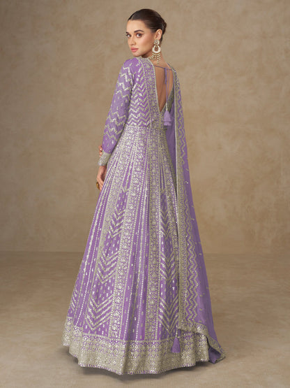 Purple Chinon Embroidered Anarkali Suit (Free Size Stitched)