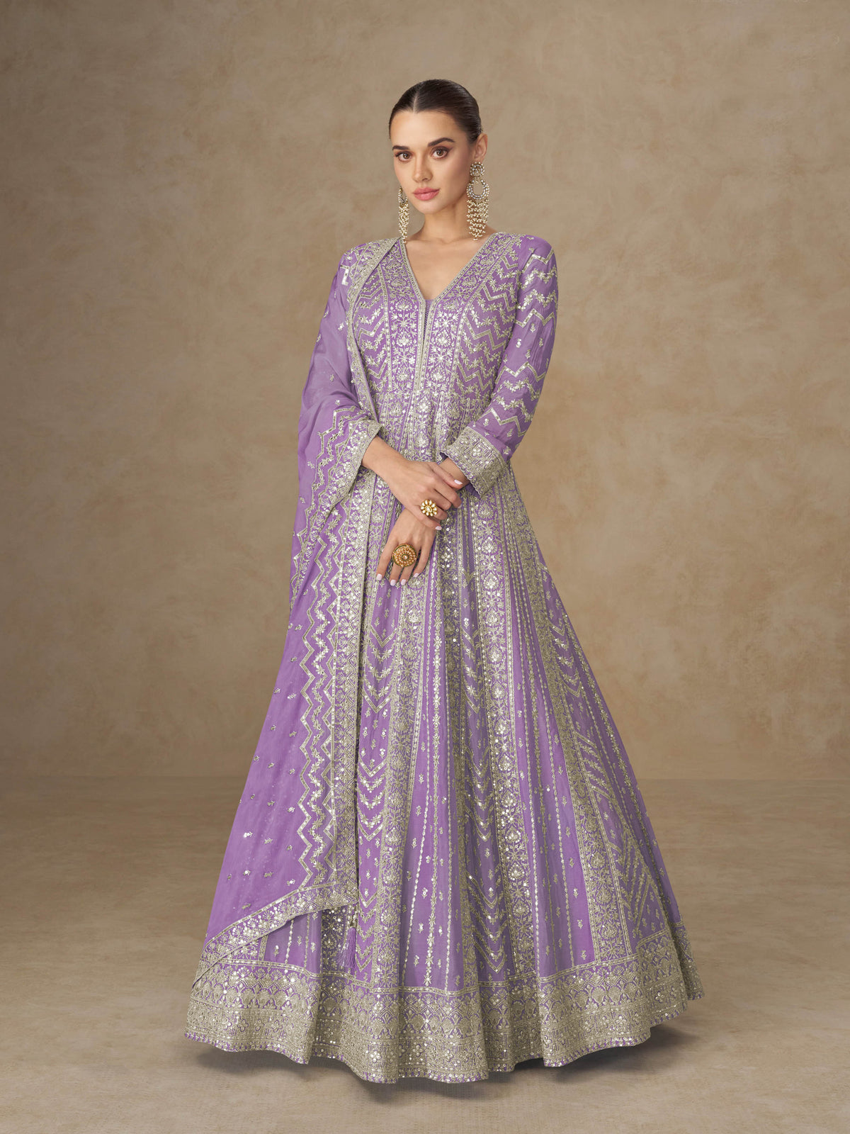 Purple Chinon Embroidered Anarkali Suit (Free Size Stitched)