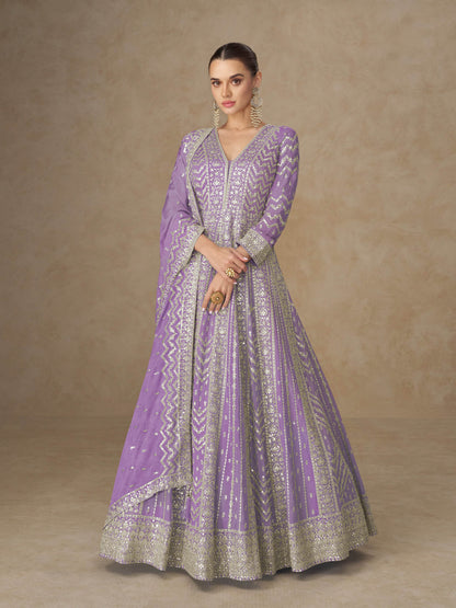 Purple Chinon Embroidered Anarkali Suit (Free Size Stitched)
