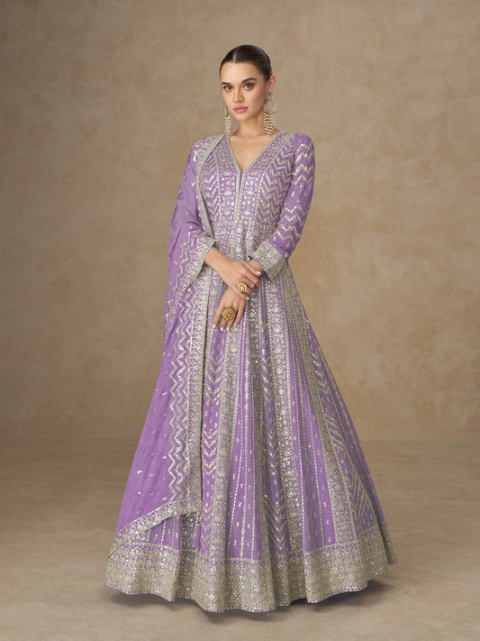 Purple Chinon Embroidered Anarkali Suit (Free Size Stitched)