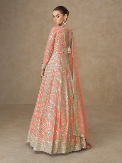 Peach Chinon Embroidered Anarkali Suit (Free Size Stitched)