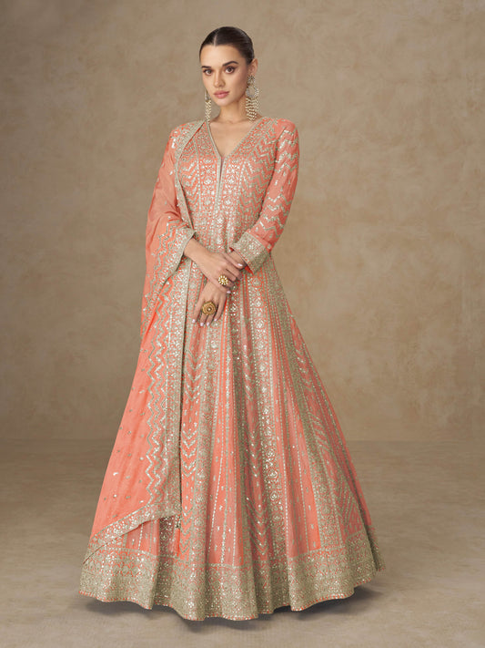 Peach Chinon Embroidered Anarkali Suit (Free Size Stitched)