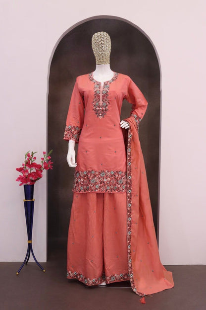 Peach Roman Shimmer Embroidered Palazzo Suit (Free Size Stitched)