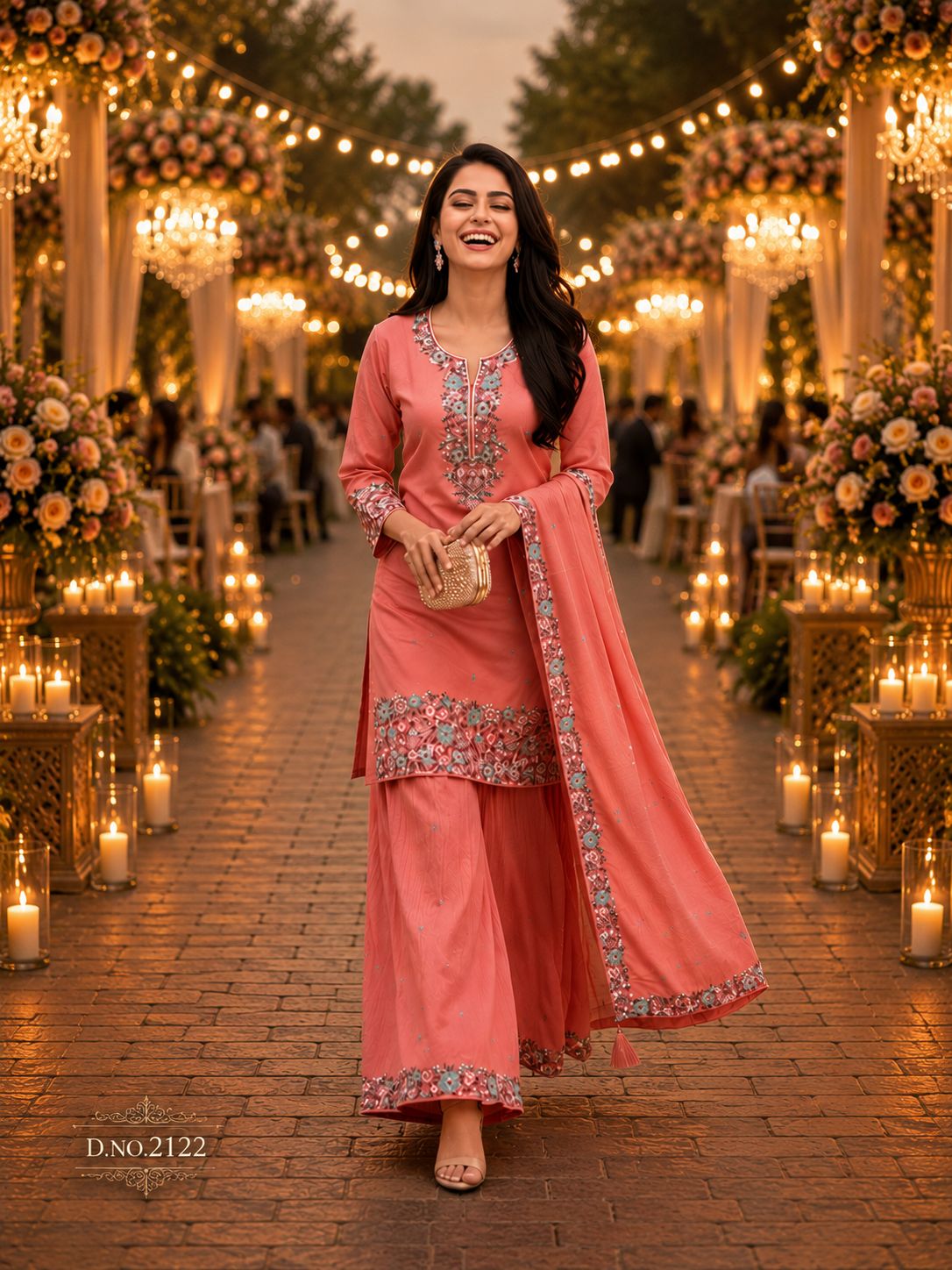 Peach Roman Shimmer Embroidered Palazzo Suit (Free Size Stitched)