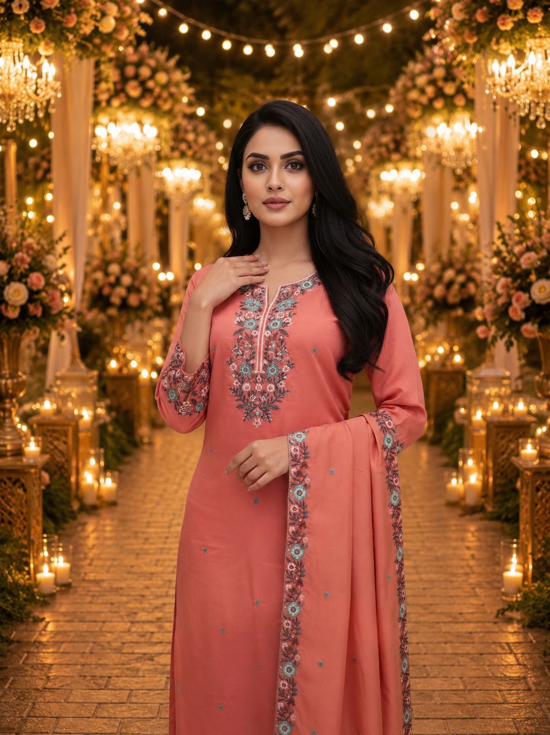 Peach Roman Shimmer Embroidered Palazzo Suit (Free Size Stitched)