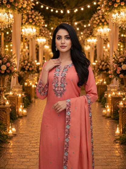 Peach Roman Shimmer Embroidered Palazzo Suit (Free Size Stitched)