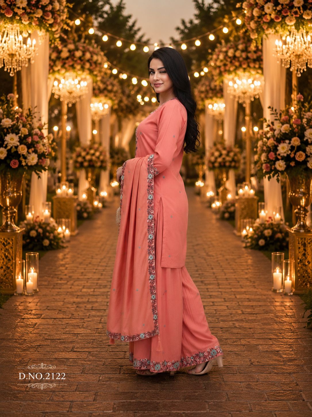 Peach Roman Shimmer Embroidered Palazzo Suit (Free Size Stitched)