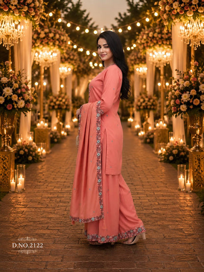 Peach Roman Shimmer Embroidered Palazzo Suit (Free Size Stitched)