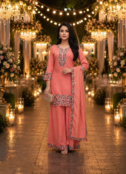 Peach Roman Shimmer Embroidered Palazzo Suit (Free Size Stitched)