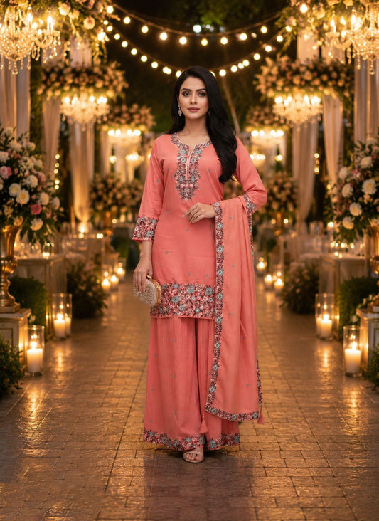 Peach Roman Shimmer Embroidered Palazzo Suit (Free Size Stitched)