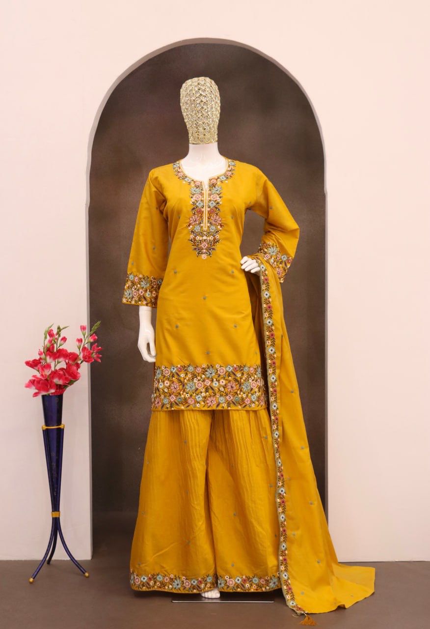 Mustard Yellow Roman Shimmer Embroidered Palazzo Suit (Free Size Stitched)