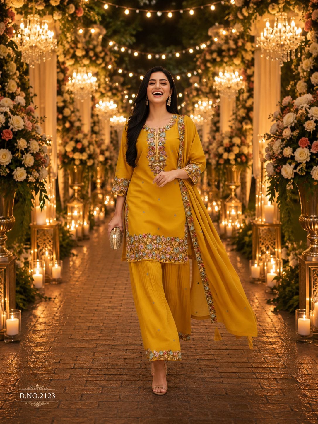 Mustard Yellow Roman Shimmer Embroidered Palazzo Suit (Free Size Stitched)