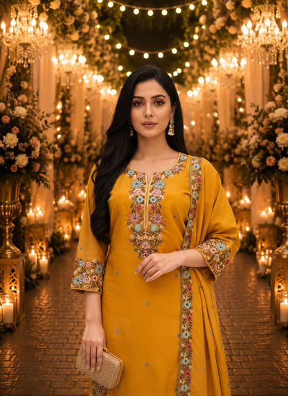 Mustard Yellow Roman Shimmer Embroidered Palazzo Suit (Free Size Stitched)