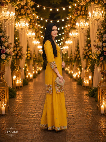 Mustard Yellow Roman Shimmer Embroidered Palazzo Suit (Free Size Stitched)