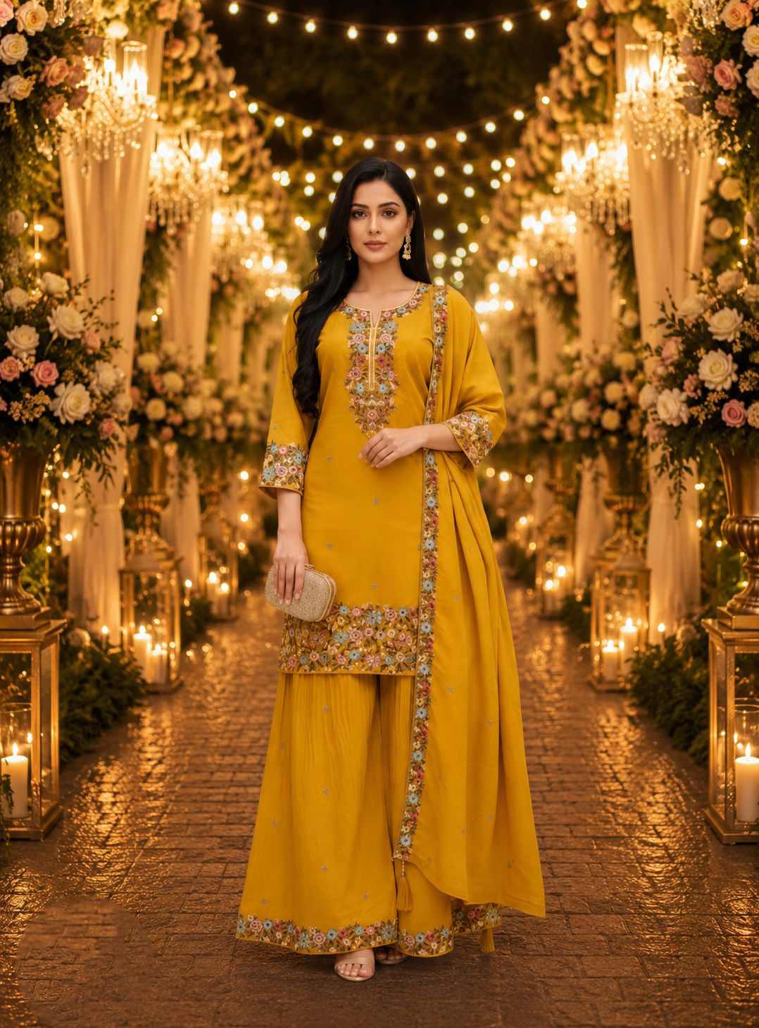 Mustard Yellow Roman Shimmer Embroidered Palazzo Suit (Free Size Stitched)