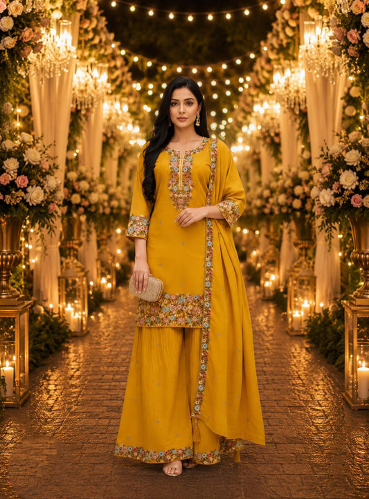 Mustard Yellow Roman Shimmer Embroidered Palazzo Suit (Free Size Stitched)