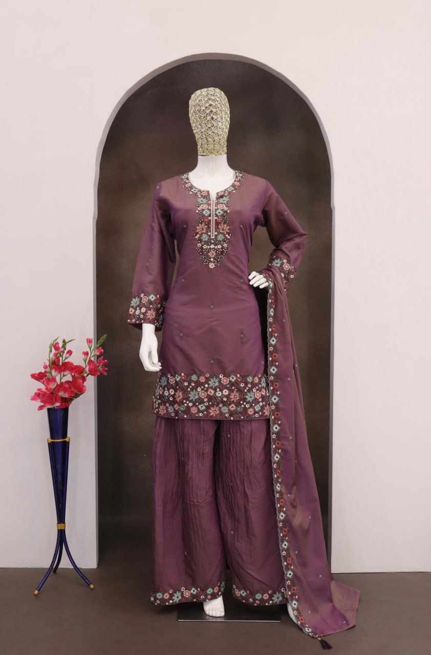 Dark Purple Roman Shimmer Embroidered Palazzo Suit (Free Size Stitched)