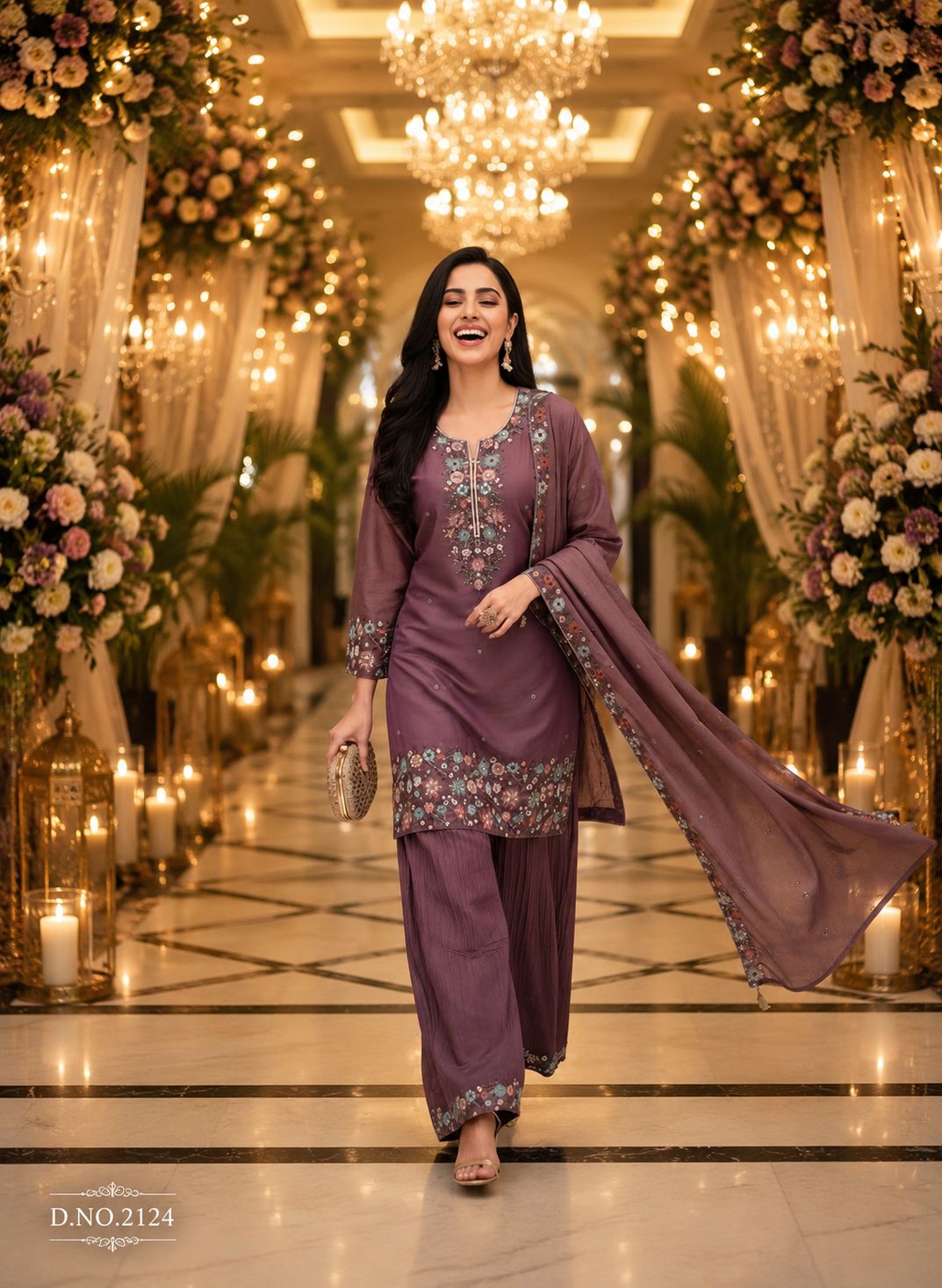 Dark Purple Roman Shimmer Embroidered Palazzo Suit (Free Size Stitched)