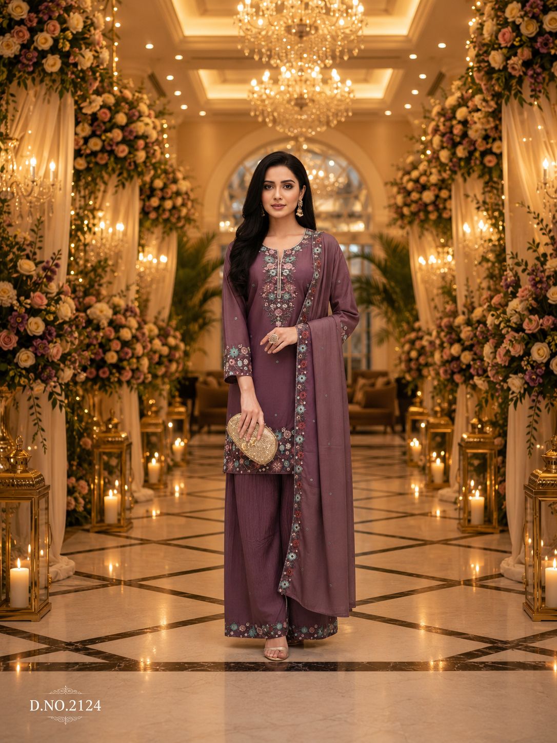 Dark Purple Roman Shimmer Embroidered Palazzo Suit (Free Size Stitched)