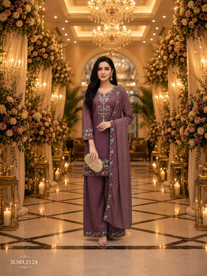 Dark Purple Roman Shimmer Embroidered Palazzo Suit (Free Size Stitched)