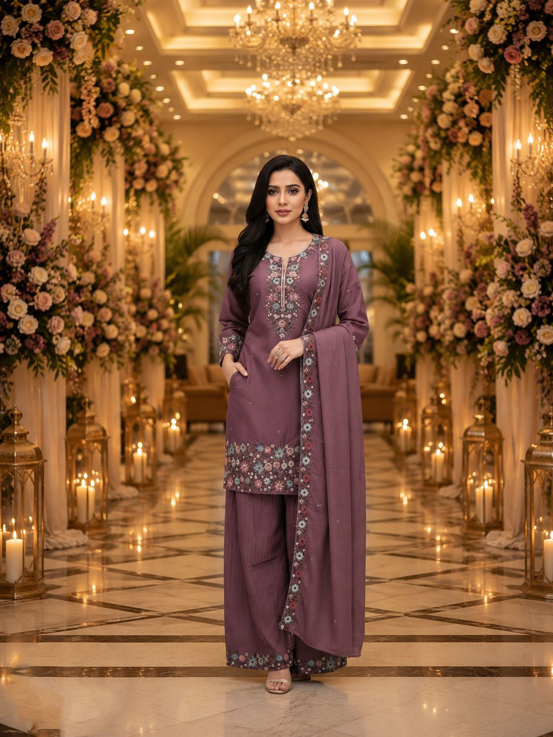 Dark Purple Roman Shimmer Embroidered Palazzo Suit (Free Size Stitched)