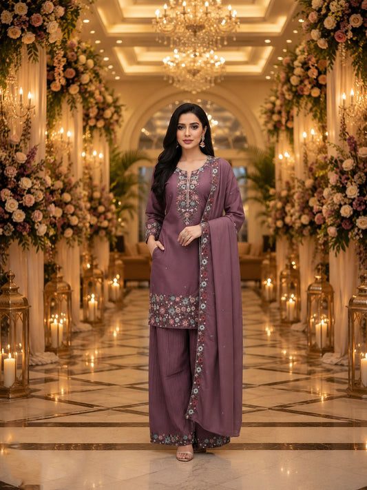 Dark Purple Roman Shimmer Embroidered Palazzo Suit (Free Size Stitched)
