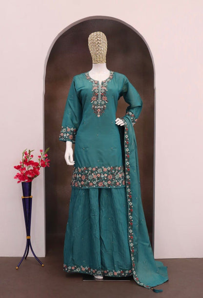Teal Roman Shimmer Embroidered Palazzo Suit (Free Size Stitched)