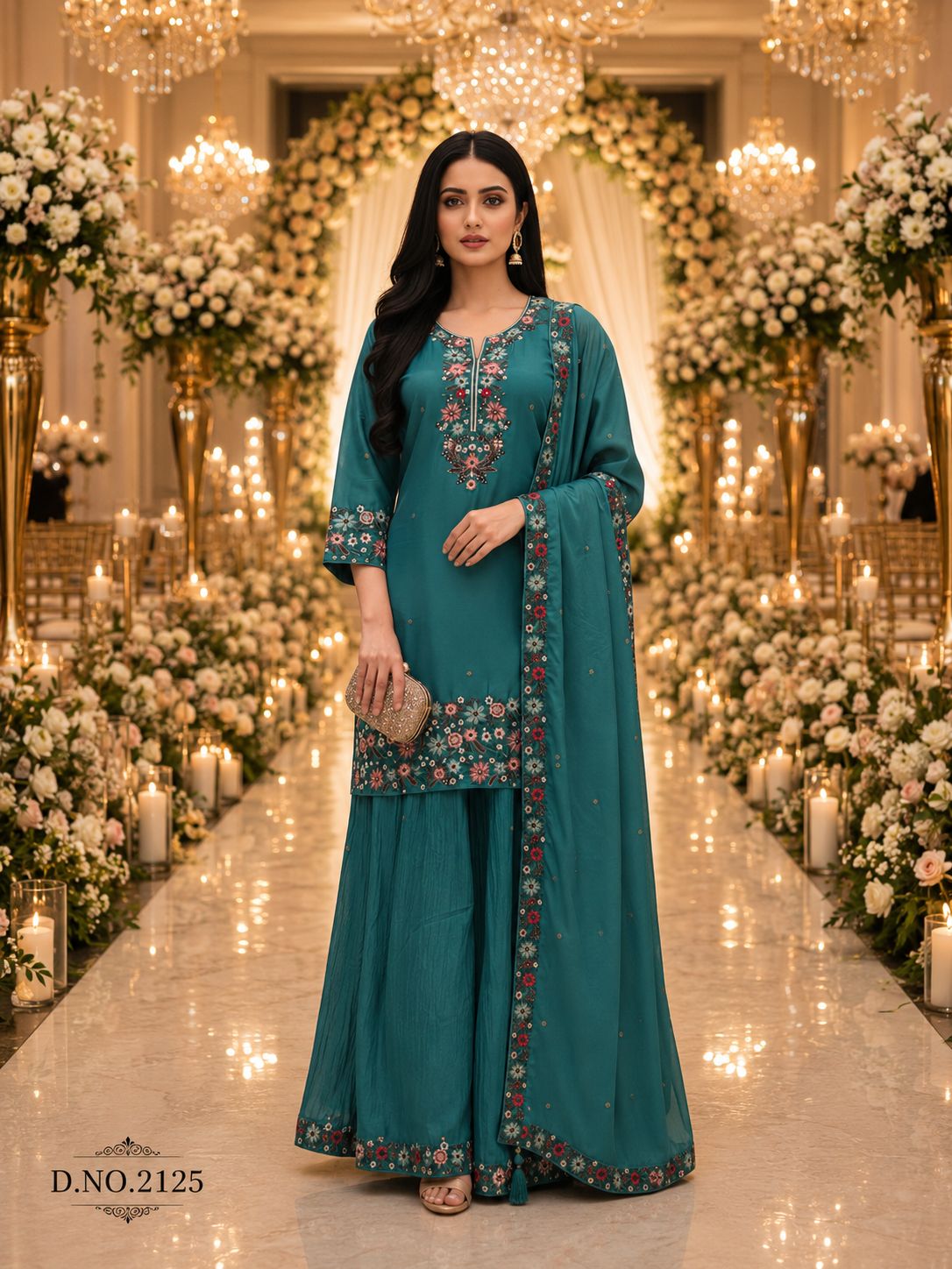 Teal Roman Shimmer Embroidered Palazzo Suit (Free Size Stitched)