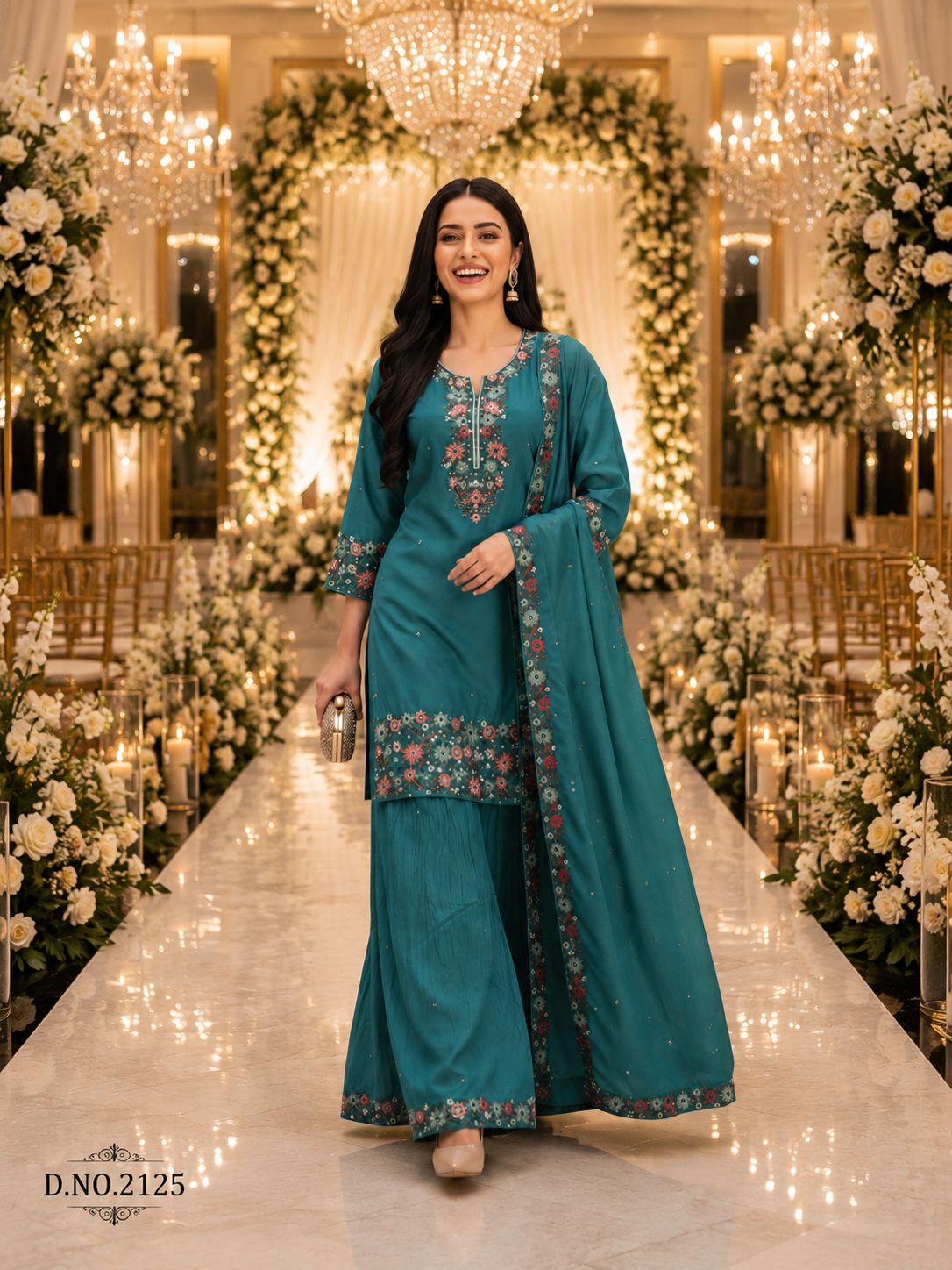 Teal Roman Shimmer Embroidered Palazzo Suit (Free Size Stitched)
