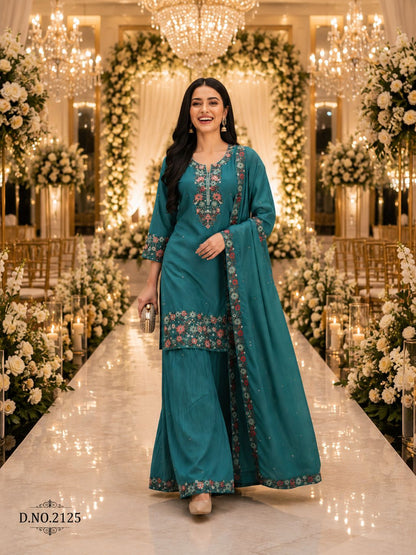 Teal Roman Shimmer Embroidered Palazzo Suit (Free Size Stitched)