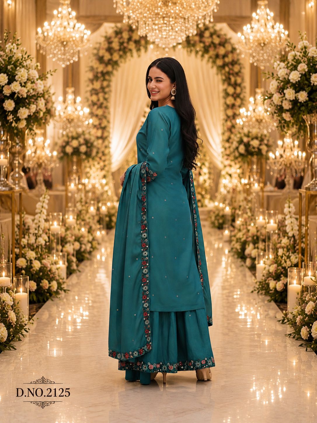 Teal Roman Shimmer Embroidered Palazzo Suit (Free Size Stitched)