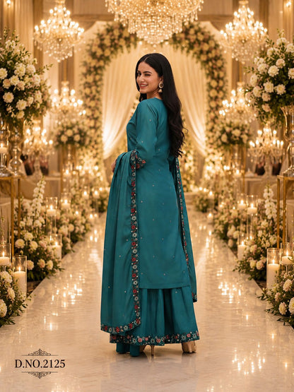 Teal Roman Shimmer Embroidered Palazzo Suit (Free Size Stitched)