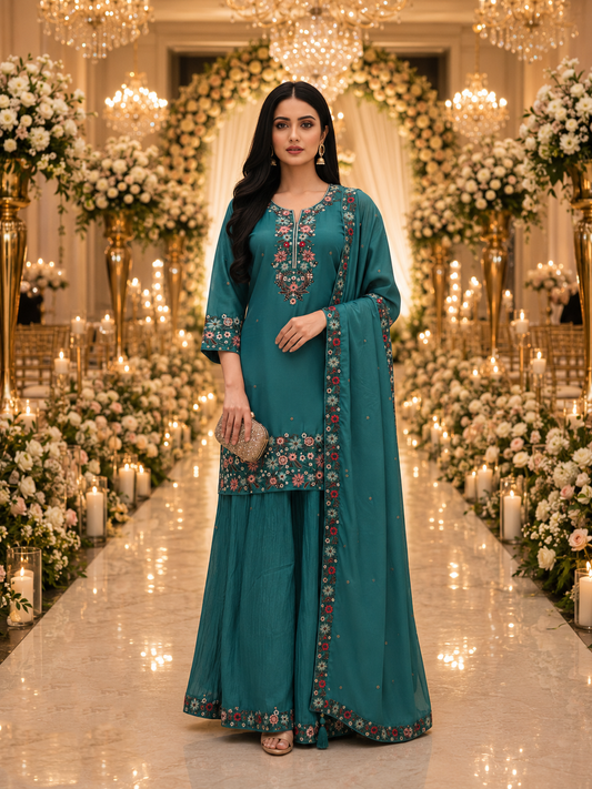 Teal Roman Shimmer Embroidered Palazzo Suit (Free Size Stitched)
