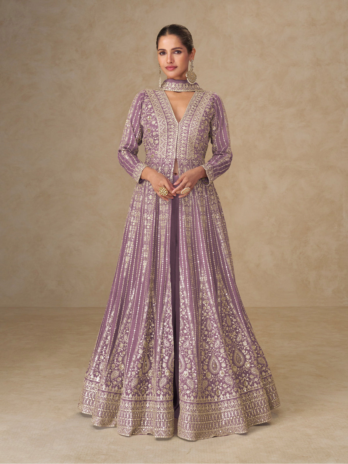 Purple Chinon Embroidered Designer Suit (Free Size Stitched)