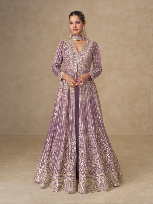 Purple Chinon Embroidered Designer Suit (Free Size Stitched)