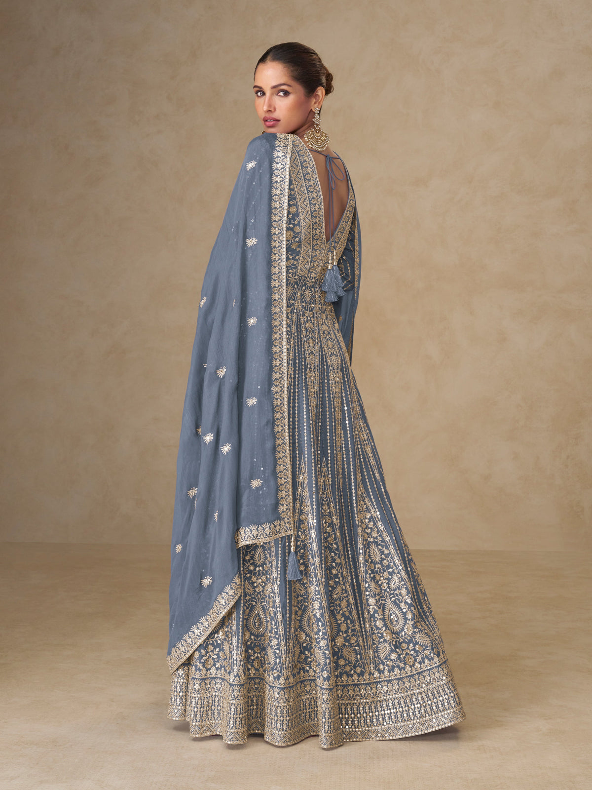 Gray Chinon Embroidered Designer Suit (Free Size Stitched)
