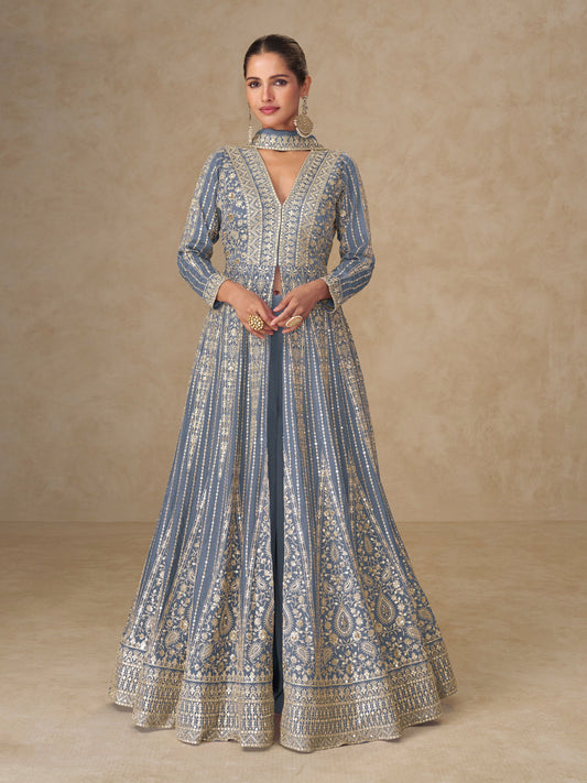 Gray Chinon Embroidered Designer Suit (Free Size Stitched)