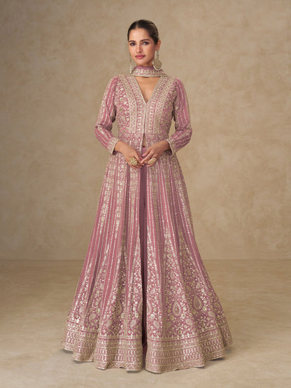 Pink Chinon Embroidered Designer Suit (Free Size Stitched)
