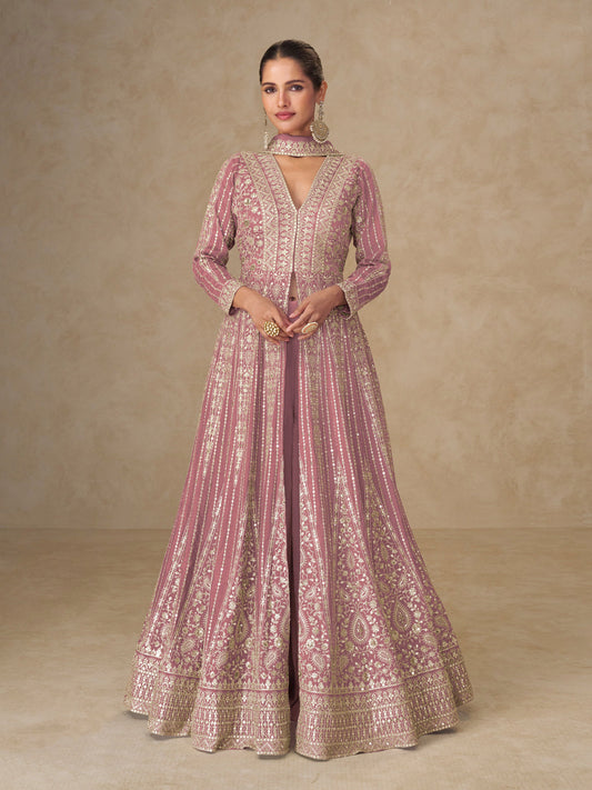Pink Chinon Embroidered Designer Suit (Free Size Stitched)