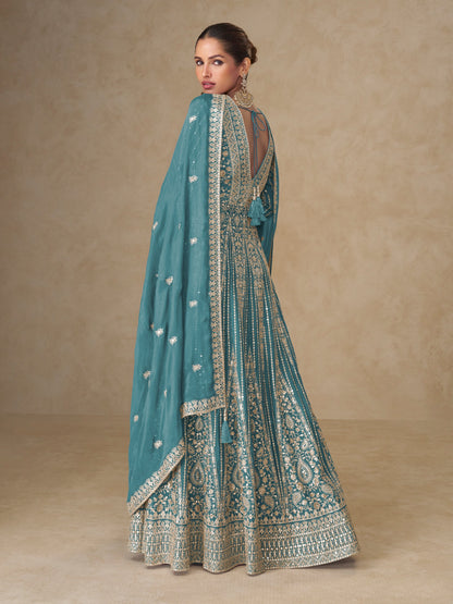 Blue Chinon Embroidered Designer Suit (Free Size Stitched)