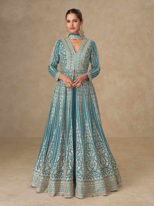 Blue Chinon Embroidered Designer Suit (Free Size Stitched)