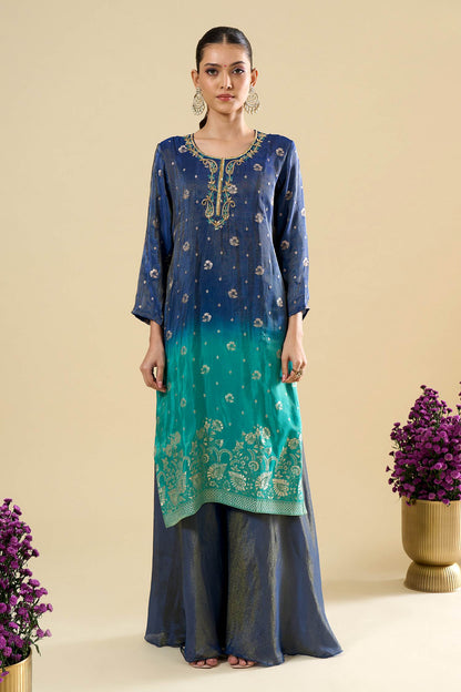 Dark Blue Turquoise Viscose Jacquard Hand Work Palazzo Suit (Readymade)