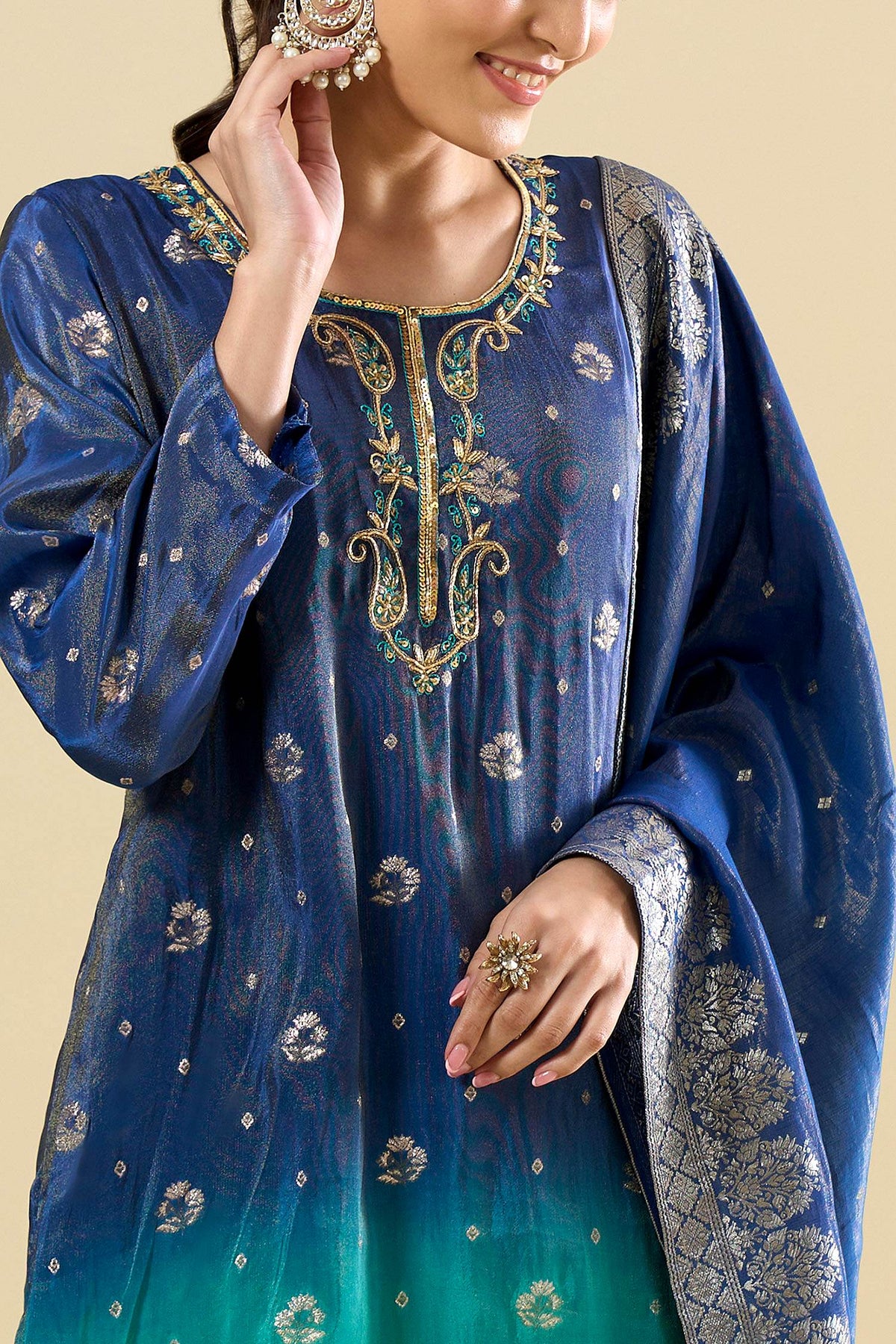 Dark Blue Turquoise Viscose Jacquard Hand Work Palazzo Suit (Readymade)