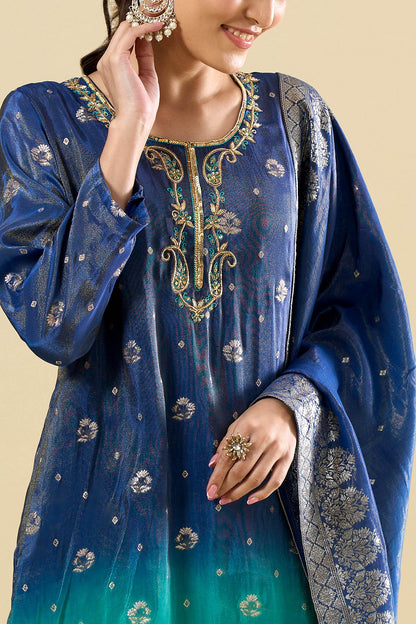 Dark Blue Turquoise Viscose Jacquard Hand Work Palazzo Suit (Readymade)