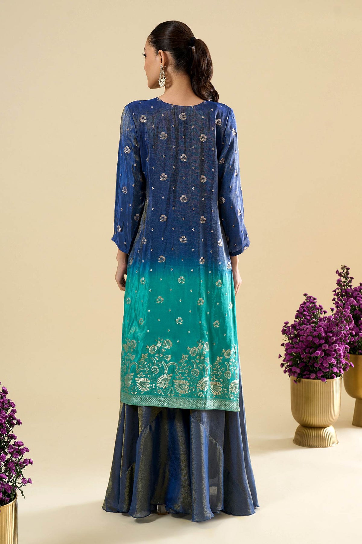 Dark Blue Turquoise Viscose Jacquard Hand Work Palazzo Suit (Readymade)