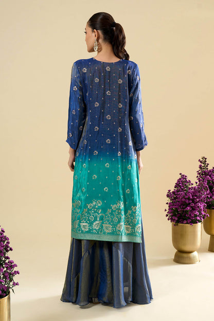 Dark Blue Turquoise Viscose Jacquard Hand Work Palazzo Suit (Readymade)