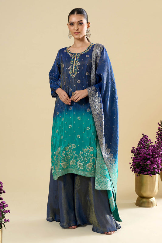 Dark Blue Turquoise Viscose Jacquard Hand Work Palazzo Suit (Readymade)
