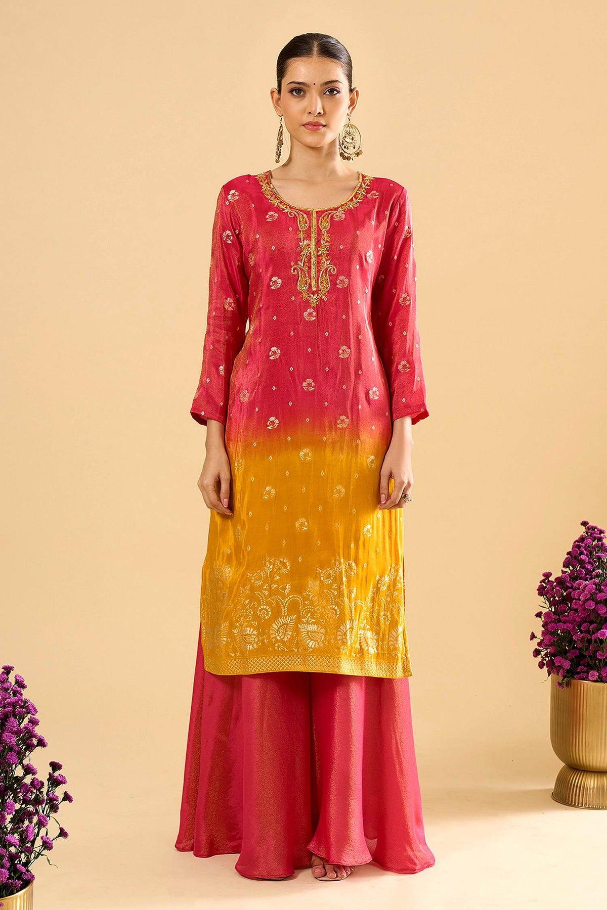 Pink Yellow Viscose Jacquard Hand Work Palazzo Suit (Readymade)