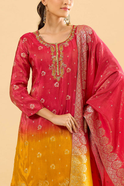 Pink Yellow Viscose Jacquard Hand Work Palazzo Suit (Readymade)